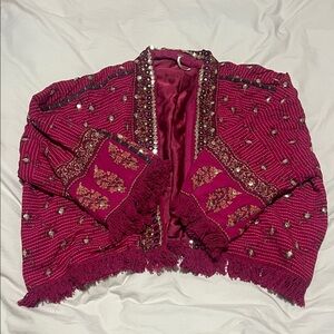 Free People Deep Berry Embellished Fringe Kimono Jacket